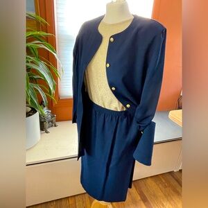 Vintage Navy Blue Skirt Suit with Gold Metallic Blouse Size 14